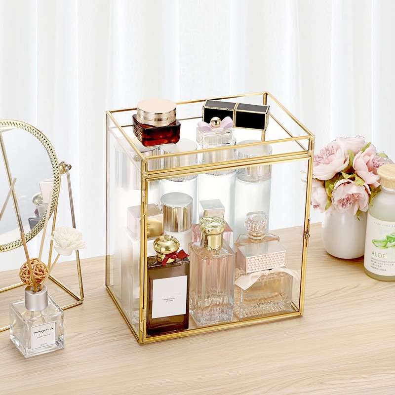 Glass Perfume Organizer Case Gold Cologne Holder with Vanity Tray