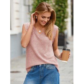 Cicy Bell Womens Ribbed Cap Sleeve Tank Tops V Neck Knit Summer Casual Shirts Lightweight Pullover Sweater Vest Pink