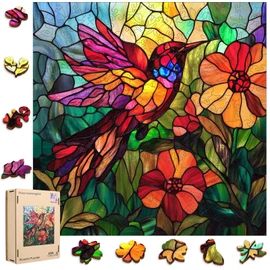 Mocfesk Wooden Puzzles for Adults, Stained Glass Hummingbird and Flower Puzzles 200 Pieces, Unique Shaped Jigsaw Puzzles for Adults and Kids, Birthday Gifts Fun Challenge Family Game 11.2'' x 11.2''