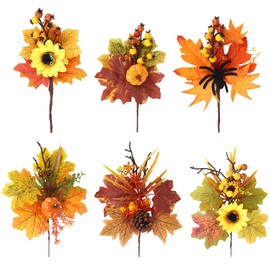 TSLBW 6 Pcs Artificial Maple Leaves Berry Branches Decorations Fall Picks with Pumpkin Sunflower Pine Cones for Thanksgiving Harvest Festival Indoor Outdoor Home Ornaments Autumn Decoration (Style A)