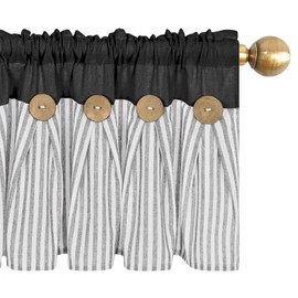 ASPMIZ Cotton Linen Kitchen Valance Curtains, Boho Rustic Button Linen Valances for Windows Farmhouse, Black with Grey Stripe Valance Window Topper Treatment Window Valances for Bathroom, 52 x 18 Inch