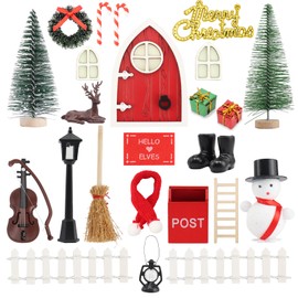 Roselee Gnome Door Set, 28 Pieces Gnome Door Accessories Christmas Set, Nissedor Miniature Luminous Christmas Gnome Door Decoration with Christmas Tree, Boots, Fiddle, Fence, Reindeer for Fairy Door,