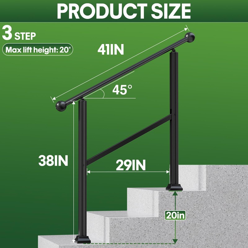 ORWOD 3-Step Outdoor Stair Railing, Adjustable Handrails for Outdoor Steps