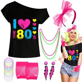 Shepinsky 80s Fancy Dress For Women, 1980s Neon Party Costumes Accessories Set, I love 80's Print T-shirt Headband Lightning Earrings Necklaces Bracelets Fishnet Gloves for Retro Theme Party (XXL)