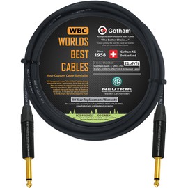 WORLDS BEST CABLES 12 Foot - Gotham GAC-1 Ultra Pro - Premium Low-Cap (21 pf/F) Guitar Bass Instrument Cable – w/Neutrik Gold Straight to Straight ¼ inch (6.35mm) TS Connectors - Custom Made