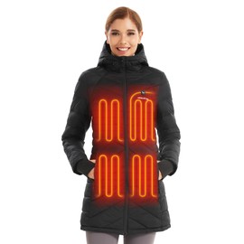 Venustas Women‘s Long Heated Jacket with Battery Pack, 100% Recycled Electric Heated Puffer Winter Coats with Hood