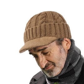 Clakllie Mens Beanie with Brim Skullcap Hat Knitted Thick Visor Beanie with Bill Cold Weather Warm Winter Hat,Khaki