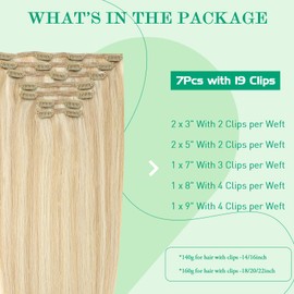 SURNEL Clip in Hair Extensions Human 613 Caramel Blonde with Platinum Blonde Highlighted Human Hair Extensions Clip in Silky Straight 18 Inch 160g 7Pcs(7C#27P613-18)