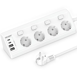 Ecksteckdose mit 2 USB C und 2 USB A, 4 Fach Steckdosenleiste Einzeln Schaltbar Mehrfachsteckdose Wandmontage 4000W 16A Mehrfachstecker Küche Steckerleiste, 1,8M Kabel Weiß