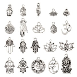 Pandahall 100Pcs Buddhist Theme Pendants Buddha Charms Lotus Flower Hamsa Hand Tibetan Alloy Antique Silver Charms 20 Styles for Bracelet Necklace Jewelry Making