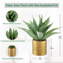 Large Faux Agave Plants Artificial Aloe Plant Fake Succulent Plants in Pot Realistic Agave Plant Artificial Potted Plants for Home Living Room Table Office Desk Bathroom Indoor Decor(Brushed Gold)