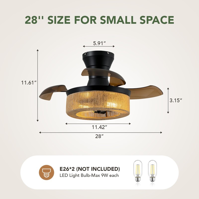 Spacora 28'' Retractable Ceiling Fan with Lights, Flush Mount Small