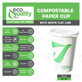 16 oz Compostable Paper Cups with White Flat Lids - Biodegradable Disposable White Paper Coffee Cups PLA Lined - Eco-friendly Hot and Cold Drinking Cups (25)