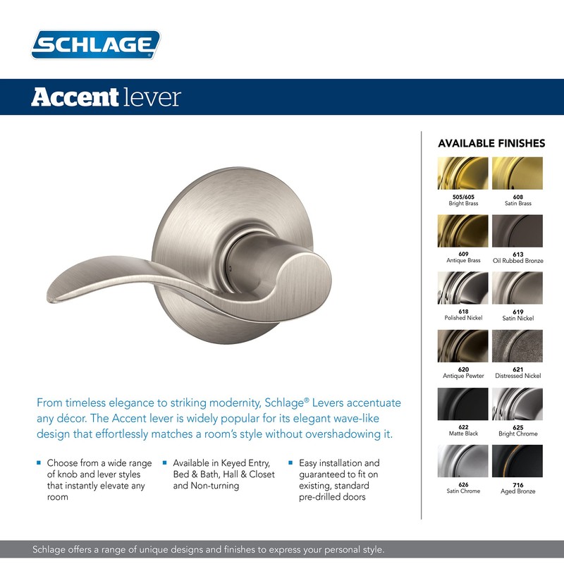 Schlage F40 V ACC 716 Accent Door Lever, Bed &