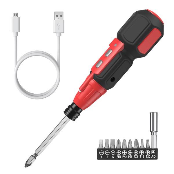 ORIA Electric Cordless Screwdriver, 3.6V 900mAh USB Rechargeable Power Screwdriver, LED Work Light, 9 Magnetic Bits and 1/4 Inches Bit Holder, Portable Screwdriver Driver for Home DIY Repair, Red