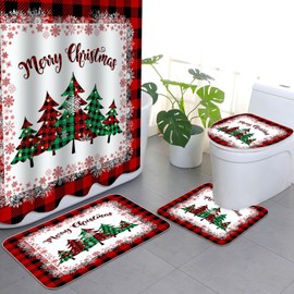APROPHIC 4-Piece Christmas Shower Curtain Set, Christmas Tree Red Checked Bathroom Set with Shower Curtain and Rug, Toilet Lid Mat and U-shaped Pad, Washable, 72 x 72 Inches