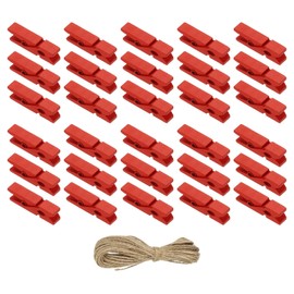 PATIKIL 1.4" Wooden Colored Clothes Pins, 100Pcs Mini Colorful Wooden Clothes Clips with 32Ft Jute Twine Strong Grip Photo Clips for Pictures Hanging Clothes Decorative Crafts, Red