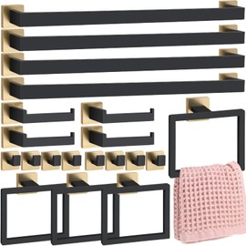 Gisafai 20 Pcs Bathroom Hardware Accessories Set 23.6 Inch Bath Towel Bar Kit Stainless Steel Bathroom Hardware Set Towel Racks Ring Hooks Paper Holder for Wall Mounted (Black Gold)