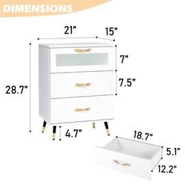 White Nightstand with 3 Drawers 21" Wood Bedside Table Large Night Stand with Glass Door, Gold Leg and Handle, Side Table Modern Nightstands for Bedroom