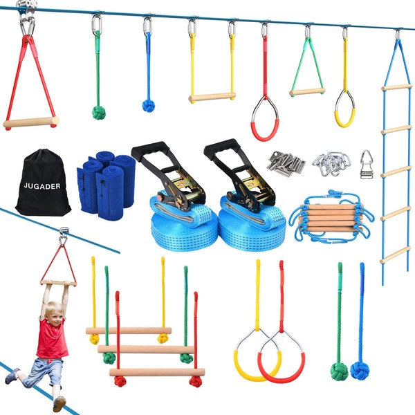Jugader 2X50ft Ninja Warrior Obstacle Course for Kids with Pulley, Ninja Warrior Slackline Kit with Accessories, Monkey Bars, Gym Rings,Climbing Ladder