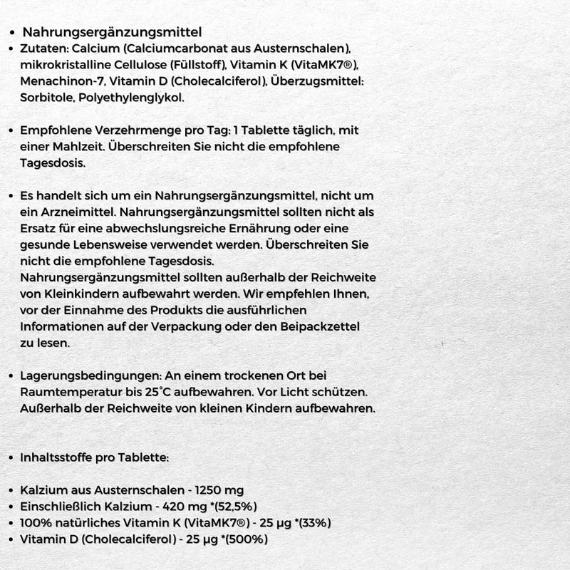 Calcium Oyster Shell mit K2 MK-7 und D3 100 Tabletten
