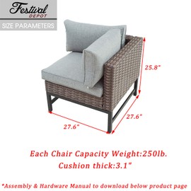 Festival Depot Dining Outdoor Patio Bistro Furniture Left Armrest Chair with Wicker Rattan Armrest Premium Fabric Comfort&Soft 3.1" Cushion with Metal Slatted Steel Leg for Garden Poolside All-Weather