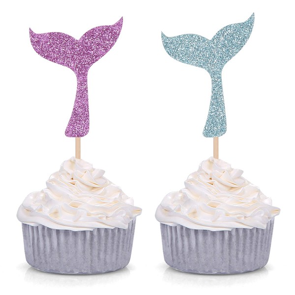 Giuffi 24 Unidades de decoración para Cupcakes con Purpurina, diseño de Sirena, para Fiestas de bebé, decoración de Ducha (Morado y Azul)
