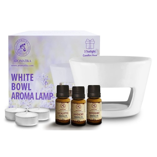 Ceramic Aroma Burner White for Tea Light with Set Essential Oils 3 Fragrances x 10 ml for Aromatherapy, Relaxation, Oil Burner for Room Refreshment (Lavender Oil, Peppermint Oil, Eucalyptus Oil)
