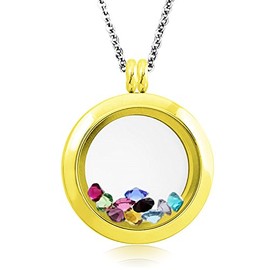 Tioneer 25 MM Stainless Steel Floating Glass Charm Locket Pendant Necklace with 10 Randomized Colored Stones (Gold)