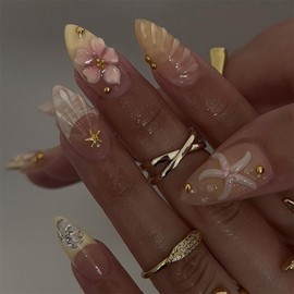 30Pcs Yellow French Tip Press on Nails Medium Fake Nails Handmade Almond False Nails with 3D Flower Sea Star Design Acrylic Nails Press ons Summer Glue on Nail Reusable Stick on Nail for Women