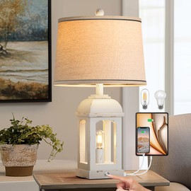 QiMH Table Lamp for Living Room, 26" Rustic Farmhouse Lamps with USB A+C and Nightlight, 3-Way Dimmable Touch Control Bedside Lamps, Nightstand Lamp for Bedroom, Shabby White, 1 Pack