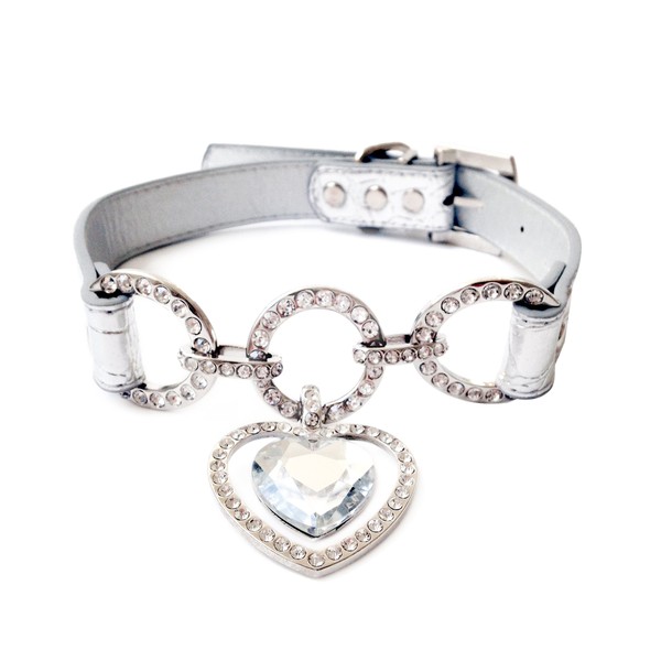 One Tail Four Paws Clear Heart Pet Collar, Medium, Silver