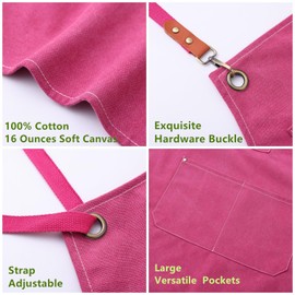 DEVECHO Chef Apron Medium-Thick Cotton Canvas,Cross Back with Multiple Pockets Adjustable Work Apron for Men and Women (Pink)