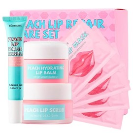 5 Pcs Lip Mask Sheet, Lip Balm + Lip Scrub & Lip Scrub Bu-bble, Peach Lip Care Kit - Lip Care Products with Lip Scrubber Exfoliator Lip Moisturizer Lip Plumper - Lip Treatment New Year Gifts