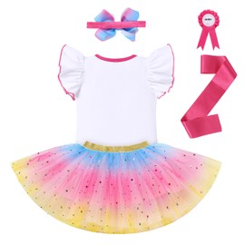 Birthday Dresses for Girls, Unicorn Style Badge Headband, T-Shirt, Tutu Dress & Satin Sash. Birthday Outfit for Little Girls Fancy Cosplay Dress Up Photography Costume Hot Pink - Unicorn Star 3T