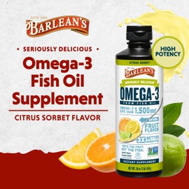 Barlean's Barlean's Citrus Sorbet High Potency Omega 3 Fish Oil Liquid Supplement, 1500mg of EPA & DHA Fatty Acid, Smoothie Flavored & Burpless for Brain, Joint, & Heart Health, 16 oz