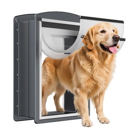 FreeStanding Dog Door for Wall, Steel Frame Large Dog Door with Telescoping Tunnel, Double Magnetic Flaps and Two Sliding Lock Panels, Easy to Install, Up to 100LBS, Gray