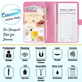 Caweet Server Book for Waitress-Leather Waitress Book Organizer with Zipper Pocket Cute Waiter Book Server Wallet with Magnetic Closure, Glitter Pink