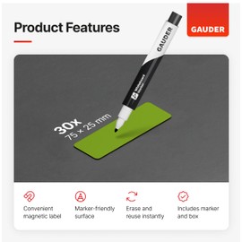 GAUDER Magnetic Dry Erase Labels | (75 x 25 mm) Magnetic Labels to Write on | Dry Erase Magnets for Classroom, Whiteboard & Blackboard
