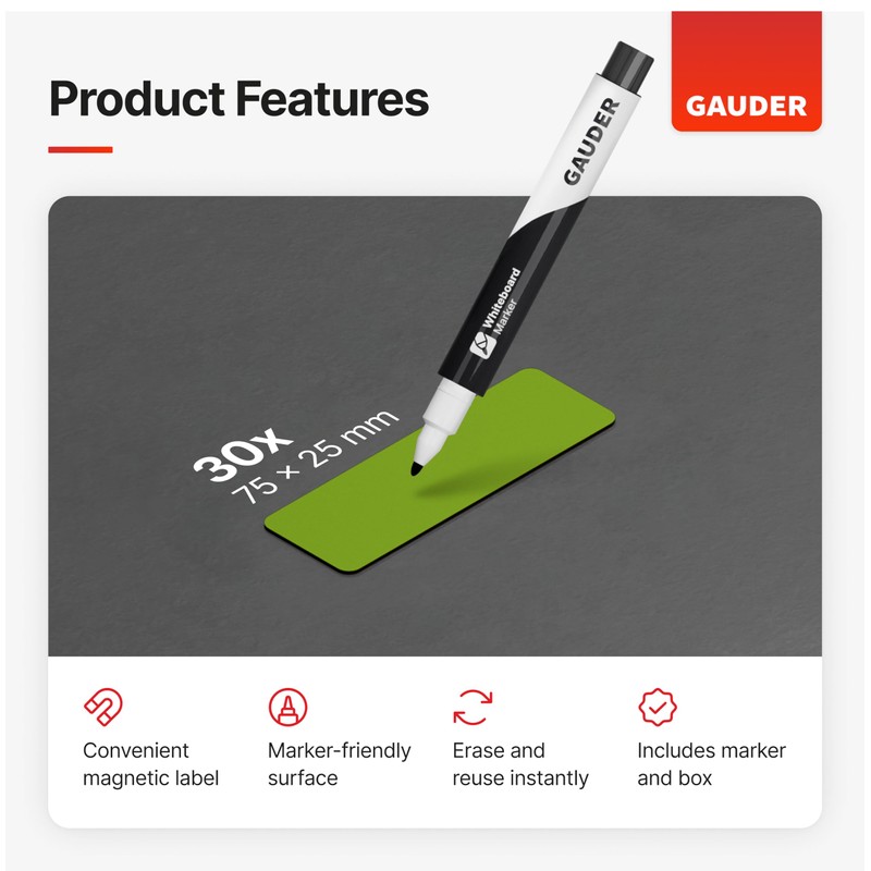 GAUDER Magnetic Dry Erase Labels | (75 x 25 mm)