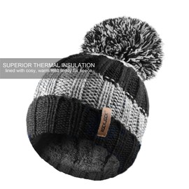 RockJock R80 Kids Girls Boys Ribbed Striped Thermal Insulating Bobble Hat with Cosy Fleece Lining