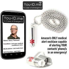 Medical Alert Necklace, Mens Womens Stainless Steel Medic ID Alert, Pill Shaped Enclosure, Ball Chain Necklace, Smartphone Friendly Identity (DVT)