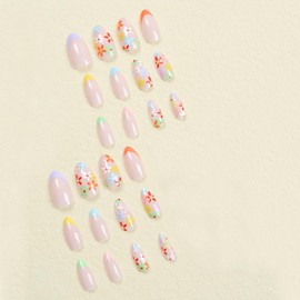 Almond Daisy Press on Nails Colorful French Tip Spring Fake Nails Medium Length Acrylic False Nails with Small Flowers Design Reusable Artificial Nails Press ons Flower Glue on Nails for Women 24Pcs
