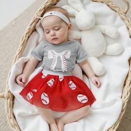 Kayotuas Toddler Girl Summer Clothes Baseball Outfit Fuzzy Baseball/Football Bow Embroidery T-shirt Tulle Skirt 2 Piece Sets (Red, 4-5T)