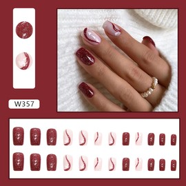 Press on Nails Short Red Square Fake Nails Full Cover Glitter Design Stick on Nails Heart Cute Glue on Nails Spring Acrylic Nails for Women and Girls Nail Art Decorations 24Pcs