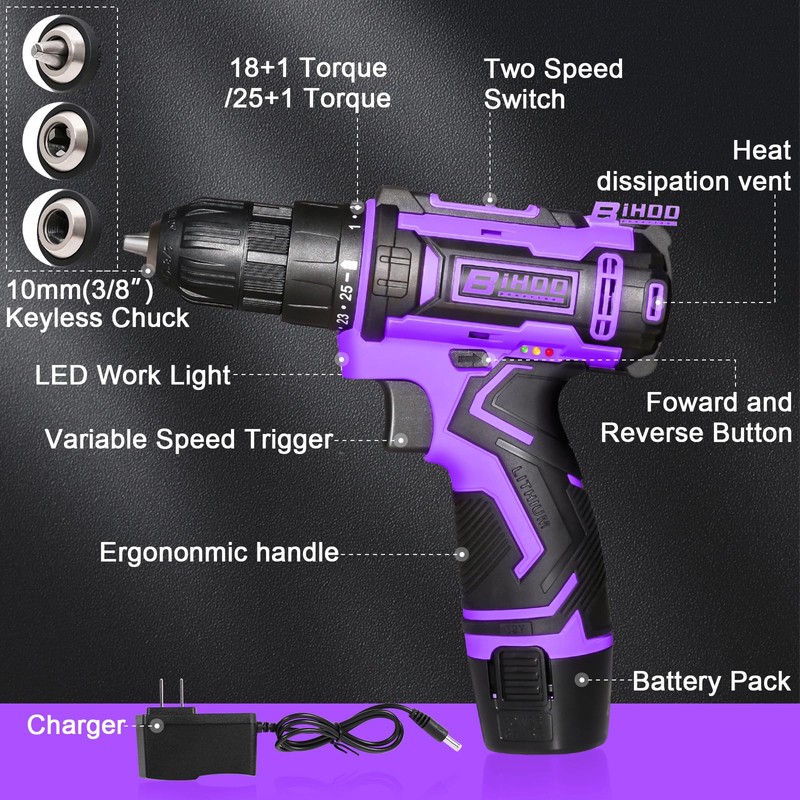 Purple 12V Cordless Drill,Electric Power Driver Kit,3/8-Inch Keyless Chuck, Variable
