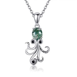 HBLICY Octopus Necklace 925 Sterling Silver Moss Agate Pendant Sea Ocean Jewelry Gifts for Women