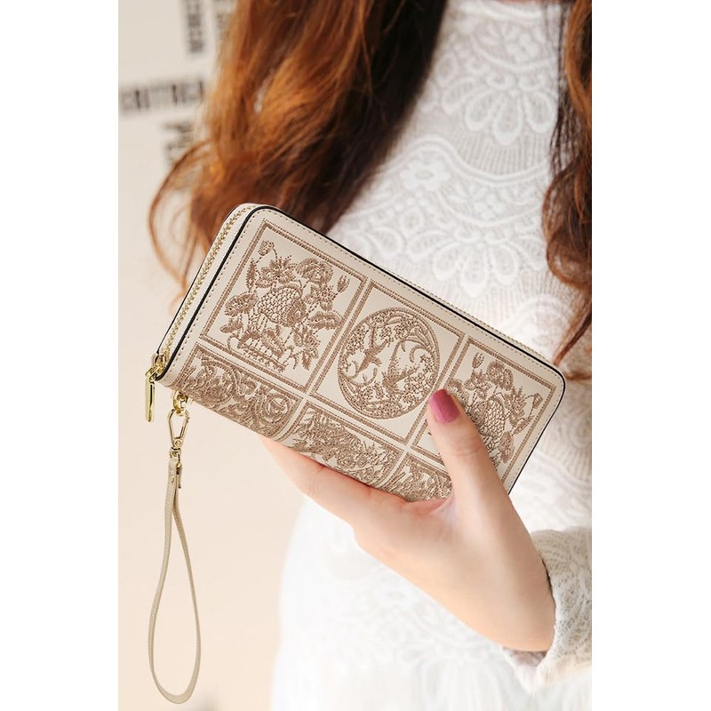 FOXLOVER Leather Wallets for Women RFID Blocking Zipper Wristlet Clutch