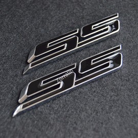 (Set of 2) Slant SS Grill Side Fender Trunk Emblem Badge Decal with Sticker for Chevrolet Chevy Camaro Impala Malibu Holden 2010 to 2025 [Black Letter with Chrome Trim]