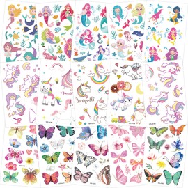 150+ Glitter Tattoo Set for Children, Butterfly + Unicorn + Mermaid Tattoo, Party Bag, Children's Birthday Party for Girls, Tattoos for Children, Girls, Waterproof